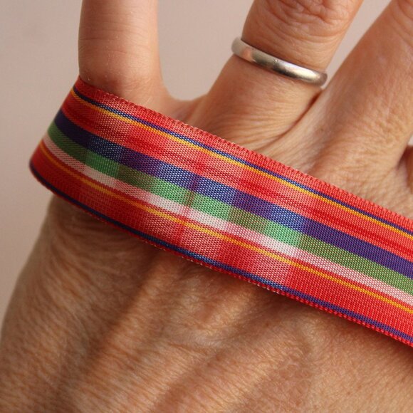 Vintage 1970s Ribbon Trim, Plaid 7/8", 2 Yards, Red Blue Yellow And Green Tartan - Picture 9 of 10